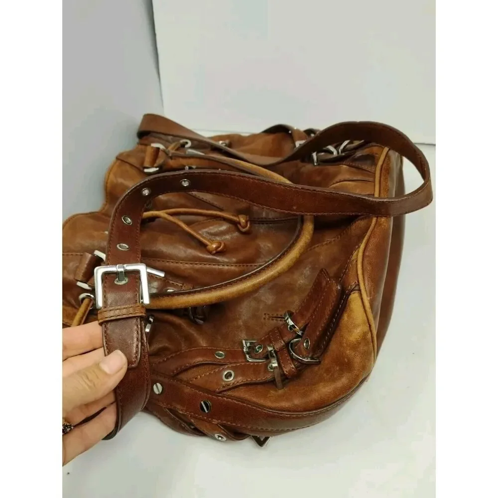Michael Kors Leather Tote Hobo Shoulder Bag Distressed Look Large Bucket Buckle